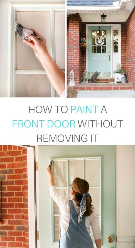 Easy DIY steps on how to paint an exterior door in a matter of hours.  This simple project will improve your house curb appeal.  Two color suggestions like Wythe Blue by Benjamin Moore, white and other colors from Sherwin Williams.  Ideas for a door with a window for small front porches, larger porches or no porch at all.  It also helps you deal with painting around hardware.  Tips, tutorials and projects for your home. #paint Painted Exterior Doors, Wythe Blue, Paint Colors For House, Colors For House, Exterior Door Colors, Front Door Makeover, Painted Front Doors, Exterior Paint Colors For House, Front Door Colors