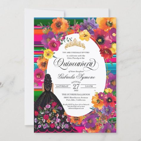 Watercolor Embroidery Floral Serape Quinceañera Invitation Floral Quince, Watercolor Embroidery, Mexican Invitations, Invitations Quinceanera, Mexican Party Decorations, Quince Invitations, Fiesta Colors, Dress Quinceanera, Quinceanera Invitation