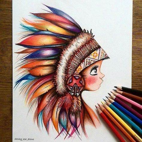 Pencil Colour Painting, Color Pencil Sketch, Colored Pencil Artwork, Indian Headdress, Pencil Art Drawings, Art Drawings Sketches Creative, Color Pencil Art, Color Pencil Drawing, Book Art Drawings