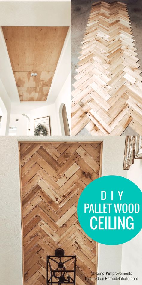 Add texture, interest, and farmhouse charm to your CEILING with this simple DIY pallet wood ceiling tutorial. A great idea for updating a recessed tray ceiling inset or any ceiling. #woodceiling #palletwoodceiling #farmhouseDIY Ceiling Accent Over Island, Bedroom Ideas With Wood Ceiling, Wood Ceilings Hallway, Different Ceilings Ideas, Pantry Ceiling Ideas, Hawaiian Themed Bathroom Ideas, Wood Ceiling Ideas Farmhouse Style, Kitchen Ceiling Ideas Wood, Interior Diy Projects