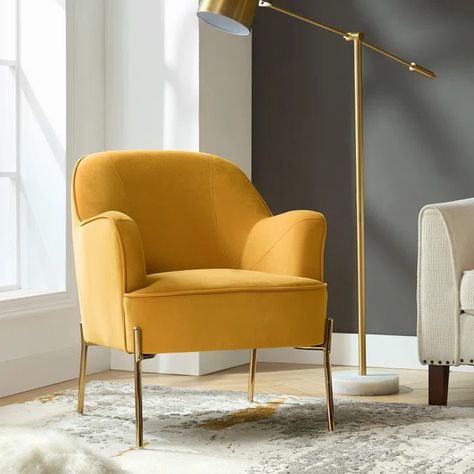 Etta Avenue™ Cleo 26" Wide Contemporary Chair with Recessed Arms & Reviews | Wayfair Mustard Chair, Yellow Couch, Larch Wood, Makeover Bedroom, Velvet Accent Chair, Bedroom Color, Luxury Bedroom Master, Contemporary Chairs, Wood Arm Chair