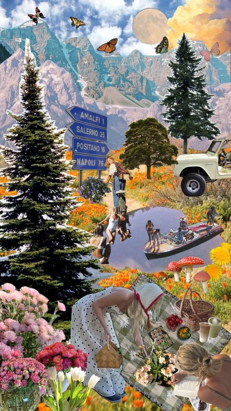 Nature Moodboard, Pretty Mountains, Collage Magazine, Collage Nature, Vintage Collage Art, Tree Collage, Collage Landscape, Moodboard Collage, Simple Collage