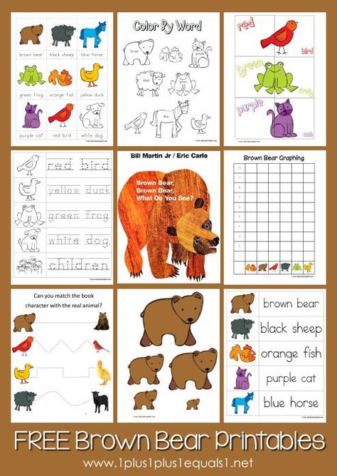 Free Brown Bear Brown Bear Printables from www.1plus1plus1equals1.net Brown Bear Printables, Brown Bear Brown Bear Activities, Bear Printable, Brown Bear Brown Bear, Bear Brown, Preschool Literacy, Bear Theme, Tot School, Preschool Books