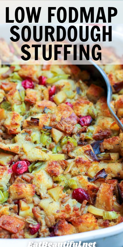 Making a Low FODMAP Sourdough Stuffing is easier than you think -- & JUST as delicious as regular stuffing. Share and enjoy the best recipe! Fodmap Thanksgiving Recipes, Low Fodmap Holiday Appetizers, Low Fodmap Thanksgiving Recipes, Low Fodmap Fall Dinner, Low Fodmap Christmas Recipes, Low Fodmap Cranberry Recipes, Low Fodmap Fall Salad, Low Fodmap Thanksgiving, Low Fodmap Stuffing Recipe