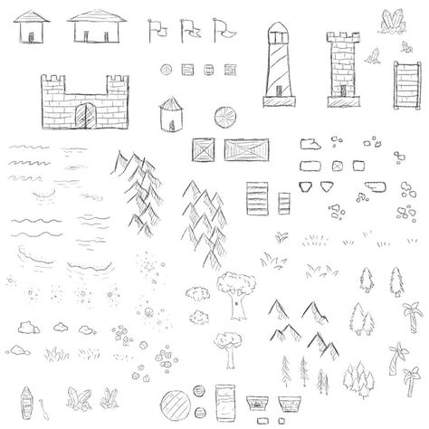 This ruche pack of 108 map making pack includes such map ... Rice Map, Fantasy Map Drawing Ideas, Fantasy Map Ideas, Map Elements, Map Sketch, Mountains Flowers, Map Drawing, Fantasy Map Making, Make A Map