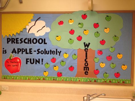 Welcome back bulletin board Fall Welcome Boards Preschool, Bulletin Board Ideas For Preschool Back To School, Preschool Classroom Welcome Board, September Pre K Bulletin Boards, Back To School Bulletin Boards Apples, Welcome Back To School Bulletin Boards Pre K, New Class Bulletin Board Ideas Preschool, Bulletin Board For September, Preschool Welcome Board Ideas