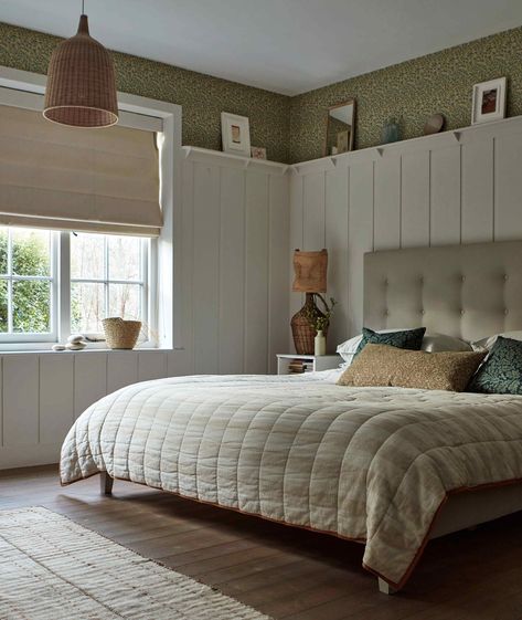 Guest Bedroom Styling Inspiration Tongue And Groove Panelling Bedroom, Tongue And Groove Bedroom, Wooden Curtain Poles, Tongue And Groove Panelling, Wave Curtains, Portland Stone, Hotel Chic, Curtain Headings, Blackout Roller Blinds