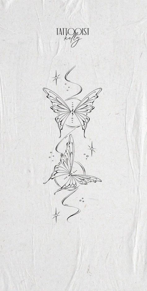 Beautiful Fine Line Tattoo, Long Cute Tattoos, Butterfly And Moon Tattoo, Pretty Spine Tattoos, Butterfly Spine Tattoo, 2x2 Tattoo Ideas, Snowglobe Tattoo, Enchanted Tattoo, Colored Tattoo