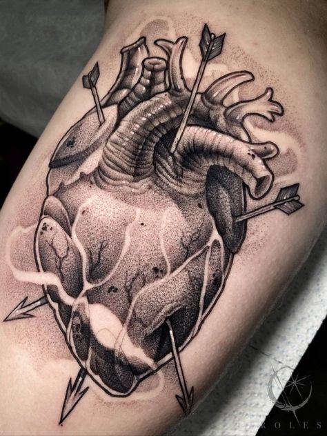 Stippling Tattoo, Gothic Tattoos, Amazing 3d Tattoos, Red Heart Tattoos, Anatomical Heart Tattoo, Realistic Tattoo Sleeve, 3d Tattoos, Tattoo Portfolio, Dark Tattoo