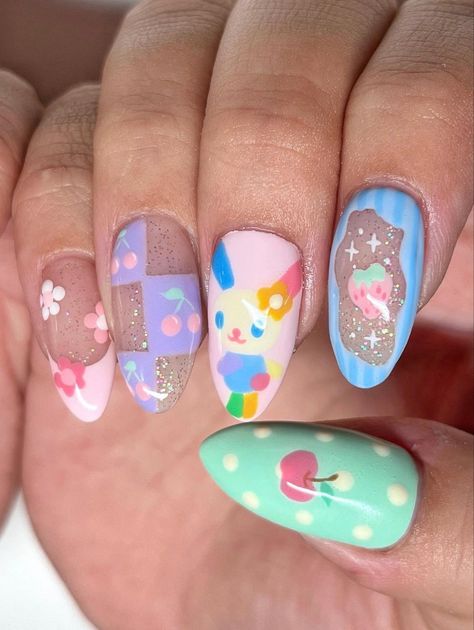 Usahana Sanrio Nails, Usahana Sanrio Sticker, Usahana Sanrio Outfit, Princess Bubblegum Nails, Ouran High School Host Club Nail Art, Chiikawa Nails, Crazy Cute Nails, Cute Core Nails, Kawaii Gel Nails