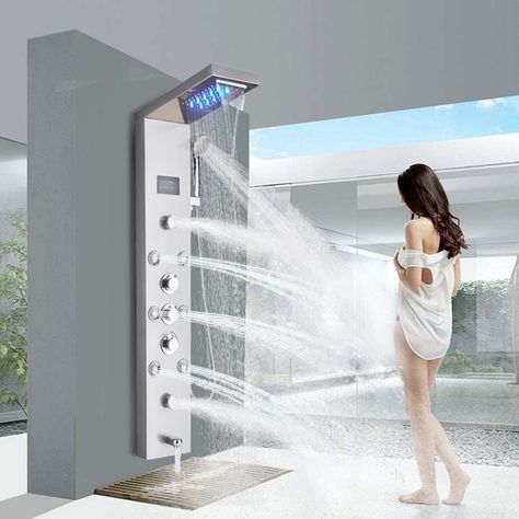 FUZ Contemporary Shower Panel Tower System Stainless Steel 6-Function Faucet LED Rainfall Waterfall Shower Head + Handheld Sprayer + Rain Massage Body Jets + Tub Spout,Brushed Nickel - Amazon.com Doorless Shower Design, Shower Tower Panel, Waterfall Shower Head, Shower Tower, Bathroom Shower Panels, Led Shower Head, Shower Jets, Shower Wall Panels, Waterfall Shower