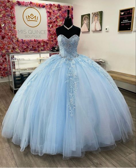 Baby blue quinceañera dress Light Blue Poofy Dress, Light Blue Prom Dress Poofy, Sky Blue Sweet 16 Dress, Cinderella Sweet 16 Dresses, Quncie Dresses Light Blue, Winter Quinceanera Dresses Light Blue, Light Blue Dress Quinceanera, Light Blue Quinceanera Dresses Long Sleeve, Blue And White Quince Dress