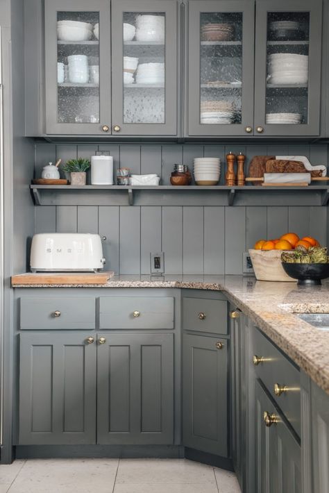 Gray Cabinets Brown Granite, Neat Kitchen Ideas, Modern Cottage Kitchen, Kitchen Desk Areas, Kitchen Cabinet Color, Kitchen 2024, Kitchen Desks, House Remodeling, Chris Loves Julia