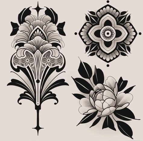 Ornamental Blackwork Tattoo, Neo Traditional Mandala, Neo Goth, Arm Cover Up Tattoos, Art Nouveau Tattoo, Traditional Tattoo Flowers, Organic Tattoo, Angel Tattoo Designs, Mandala Tattoo Design