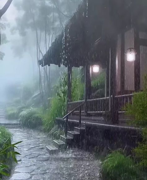 Rainy Japan Aesthetic, Rain In Village, Rainy Scenery, Rainy House, Rainy Village, Twilight House, Rainy Aesthetic, Elven Costume, Rain Illustration