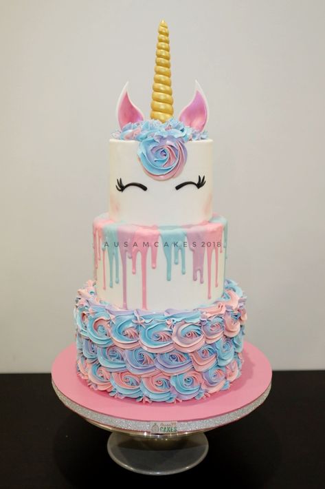 3 tiers buttercream unicorn cake Unicorn Tiered Birthday Cake, 3 Tier Unicorn Birthday Cake, Three Tier Unicorn Cake, 3 Tier Unicorn Cake, 3 Tier Cake Designs, Unicorn Cake Buttercream, Unicorn Cake Design, Unicorn Birthday Party Cake, Unicorn Desserts