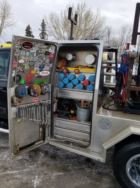 Welding Truck Ideas, Welding Trucks Rigs, Mobile Welding Truck, Service Truck Ideas, Welding Rig Trucks, Service Truck Organization, Welding Truck Bedding, Diy Truck Mods, Mechanics Service Truck