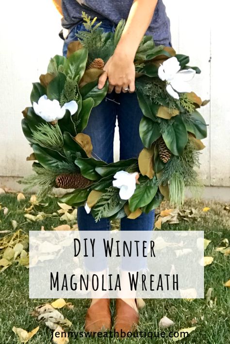 How to make a magnolia wreath for winter, fall, or all year! In this video I teach you how to make a basic two toned magnolia wreath, and how to change it up for fall and winter! Get more use out of your home decor by reusing it for each season! #diychristmas #wreathmaking #wreathtutorial How To Make Magnolia Wreath, Magnolia Leaves Fall Decor, Christmas Wreath With Magnolia Leaves, Magnolia Winter Wreath, How To Make A Magnolia Leaf Wreath, Magnolia Leaves Christmas Decor, Fall Magnolia Wreath, Christmas Magnolia Wreath, Magnolia Wreath Decor