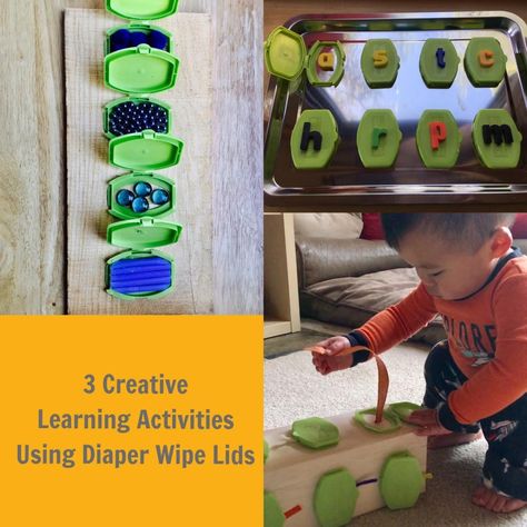 3 Creative Learning Activities Using Diaper Wipe Lids Baby Wipe Lid Ideas, Teacher Vibes, Baby Sensory Play, Sensory Crafts, Preschool Projects, Sensory Activity, Baby Activities, Busy Board, Creative Learning