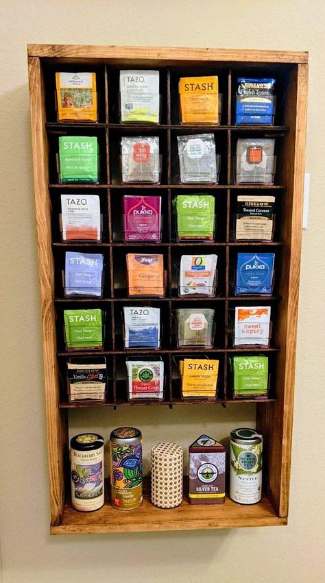 Diy Tea Box Storage Ideas, Tea Boxes Ideas, Diy Tea Organizer Ideas, Tea Organizer Ideas, Tea Organization Diy, Tea Storage Organizing, Tea Box Ideas, Diy Tea Bag Organizer, Diy Tea Organizer