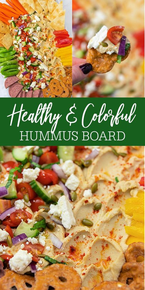 Healthy & Colorful Hummus Board Appetizer Idea! Hummus Tray Ideas Appetizers, Dessert Hummus Board, Charcuterie Board Humus, Veggie And Hummus Platter, Hummus Charcuterie Board Ideas, Mediterranean Hummus Platter, Hummus Boards Ideas, Greek Hummus Board, Hummus Wreath Recipe