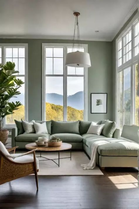 Calm and serene living room with sage green walls and white furniture Green Walled Living Room, Mint Green Couch Living Room Ideas, Pale Green Walls Living Room, Beige And Sage Living Room, Green Transitional Living Room, Living Room Green Accents, Pale Green Living Room, Sage Couch, Living Room Sage Green