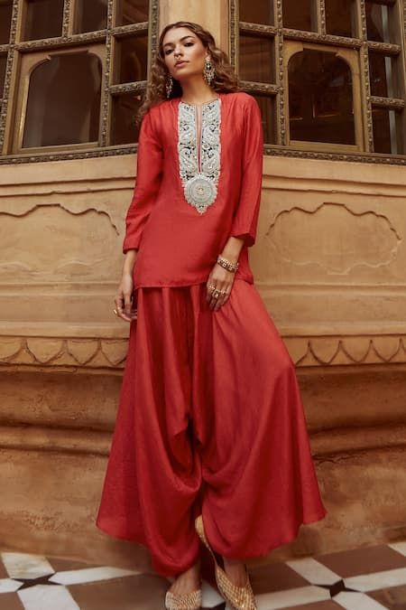 Buy Red Silk Hand Embroidered Dori Work Round V Kurta And Dhoti Pant Set For Women by Avacara Online at Aza Fashions. Dori Work, Mulberry Silk Fabric, Indian Party Wear, Dhoti Pants, Beautiful Pakistani Dresses, Stylish Party Dresses, Indian Fashion Dresses, Kurta Designs, Indian Designer Wear