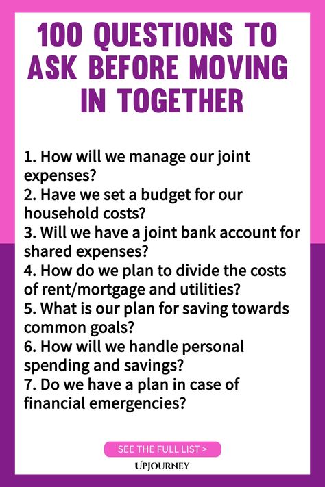 Are you and your partner considering moving in together? Explore these 100 thought-provoking questions to ensure you're on the same page about finances, future goals, and lifestyle preferences before taking that next step. This comprehensive list covers all the bases to help strengthen communication and deepen your relationship. Whether you're new to cohabitation or looking to enhance your existing living arrangement, these questions will guide you towards a harmonious shared life. Questions To Ask Before Moving In With Boyfriend, Questions Before Moving In Together, Questions To Ask Before Moving In, Boyfriend Checklist, Couples Moving In Together, Moving In With Your Boyfriend, Move In With Boyfriend, Before Moving In Together, 100 Questions To Ask