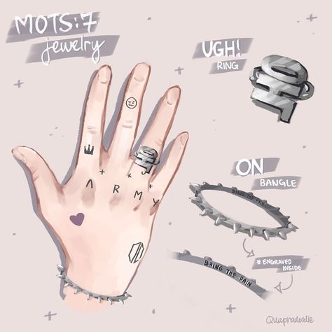 ✨ mots: 7 inspired jewelry ✨⁣ - UGH! ring⁣ - ON bangle (engraved)⁣ ⁣ I wanted to try something different. I’ll be taking a a jewelry/furniture making class soon and I’m super excited! I decided to doodle these in preparation hehe. Idk if people would actually be interested in them?? Idek how to make jewelry, but I’ll def look into it if people are interested hehe⁣ —⁣ ⁣ ⁣ ⁣ ⁣ #bts #bangtansonyeondan #jewelry #kpop #kpoppins #btspins #방탄소년단 #jung Jewelry Kpop, Jewelry Furniture, Make Jewelry, Inspired Jewelry, Something Different, Super Excited, Furniture Making, I Decided, A A