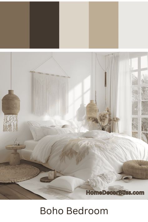 Boho White Bedroom: Natural Wood Accents and Woven Decorations White Bedroom With Wood Accents, Boho White Bedroom, Clean Boho Bedroom, Bedroom Natural Wood, Bedroom Concept, Natural Wood Accents, White Linens, Minimalist Bohemian, Tranquil Bedroom