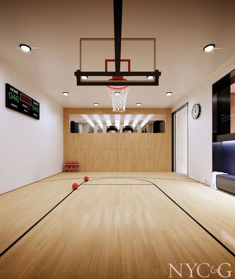 Now Trending: Over-the-Top Underground Amenities - Cottages & Gardens Apartment Entertaining, Indoor Sports Court, Home Basketball Court, Indoor Basketball Court, Gym Room At Home, Indoor Basketball, Gym Home, Sport Court, Gym Room