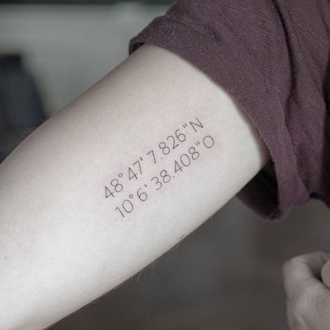 Coordinates Tattoo Font, Coordinates Tattoo Ideas, Coordinate Tattoo Ideas, Glow Tattoo, Common Tattoos, Coordinates Tattoo, Cuff Tattoo, Unique Small Tattoo, Simple Tattoos For Guys