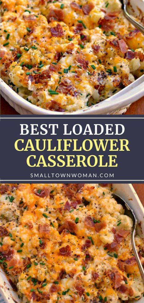 Vegetable has never tasted this good! Loaded Cauliflower Casserole is a real winner. Steamed cauliflower is combined with cream cheese, sour cream, sharp cheddar, Monterey Jack, bacon, and chives for a filling meal even picky eaters will love. Pin this recipe for later! Casserole Keto, Cauliflower Casserole Recipes, Loaded Cauliflower Casserole, Casserole Side Dishes, Vegetable Casserole Recipes, Loaded Cauliflower, Steamed Cauliflower, Cauliflower Casserole, Vegetable Casserole