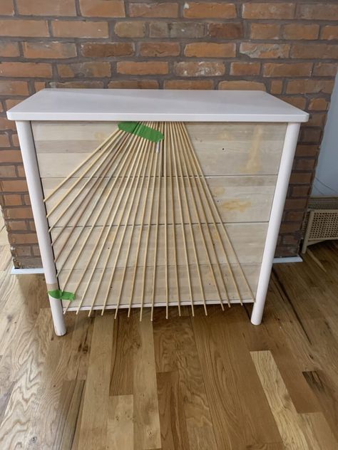 Check out this DIY hack on an IKEA dresser using wood dowels. A little wood and paint turned our dresser into a gorgeous sunburst dresser. #diy #diydresser Nursery Dresser Diy, Refinished Dresser Diy, Dresser Diy, Furniture Remodeling, Dresser Redo, Diy Dresser Makeover, Ikea Dresser, Diy Hack, Furniture Flip