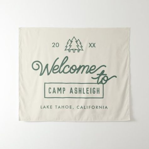 Adventure Camp Bachelorette Tapestry for $41.25 - Bachelorette Craft Birthday Cabin Trip Decorations, Up North Bachelorette Party, Camp Bachelorette Decor, Camp Bachelorette Party Decorations, Cozy Bachelorette Party, Cabin Bachelorette Party Ideas, Mountains Bachelorette, Camp Backdrop, Camp Bachelorette Theme