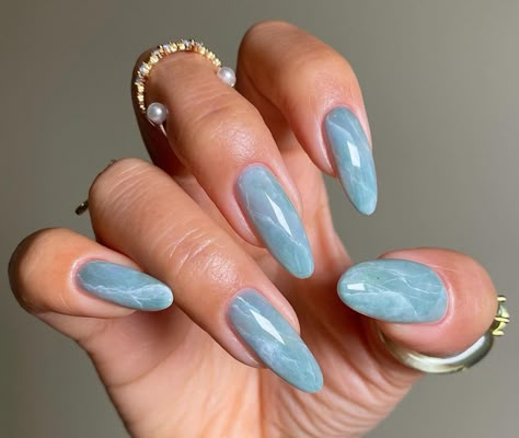 Spring Nail Inspiration, Natural Nail Shapes, Nail Shapes Squoval, Ocean Outfits, Oval Shaped Nails, Blue Gel Nails, Blue Aesthetics, April Nails, Squoval Nails