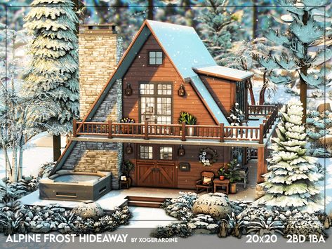 The Sims Resource - Alpine Frost Hideaway (NO CC) Cabin House Sims 4, A Frame Bloxburg House, Sims 4 A Frame Cabin, Sims 4 Cabin Layout, Sims 4 Cabin In The Woods, Sims 4 Gingerbread House, Sims4 Cabin, Sims Snowy Escape House, Winter Cabin Sims 4