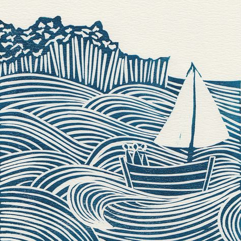 'Sea Days'. Limited edition linocut print. My linocut prints are inspired by nature; my love of gardening and the great British countryside. My interest in 1950s textiles and ceramics also influences much of my work. I love exploring the countryside by bike or on foot, camera in hand, capturing ideas for my next prints. www.michellehughes.co.uk Linocut Printmaking, Lino Art, Linocut Art, Woodcuts Prints, Print Ideas, Beach Crafts, Sgraffito, Coastal Art, Lino Print