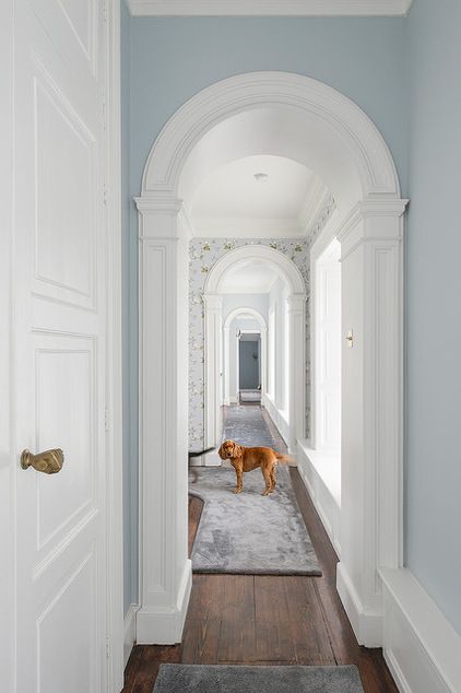 Wonderful casing around the archway...Farmhouse Hall by Gareth Byrne Photography Ireland Farmhouse, Villa Hallway, Kildare Ireland, Victorian Hall, Victorian Hallway, Stud Farm, Budget Remodel, Arch Doorway, Edwardian House