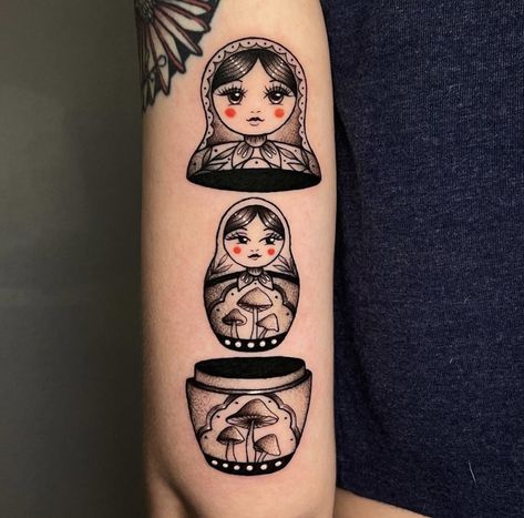 Matryoshka Dolls Tattoo, Russian Matryoshka Doll Tattoo, American Traditional Nesting Doll Tattoo, Babushka Dolls Tattoo, Russian Inspired Tattoos, Stacking Doll Tattoo, Russian Dolls Tattoo, Nesting Dolls Tattoo, Russian Stacking Doll Tattoo