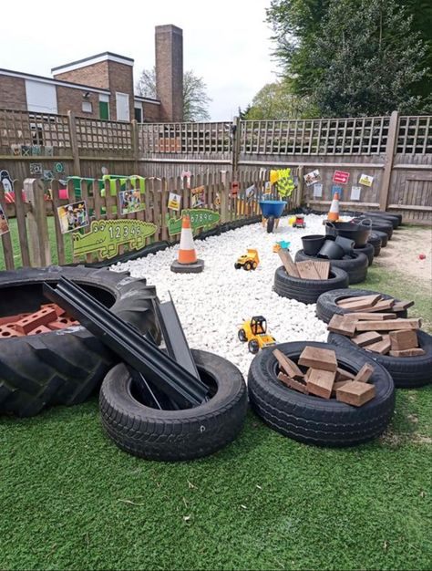 Tyres Playground Outdoor Play, Tyres Outdoors Eyfs, Outdoor Garden Nursery Ideas, Construction Outdoor Play Area, Outside Construction Area Eyfs, Outdoor Ideas Preschool, Curiosity Garden Ideas, Garden Construction Area, Outdoor Play Early Years