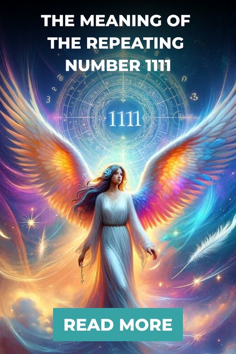 Angel figure with rainbow wings surrounded by cosmic symbols and the number 111 in the background. 1111 Angel Number, Angel Number 1111, Number 1111, 111 222 333 444 555, Message From The Universe, Repeating Numbers, Angel Number 111, Higher State Of Consciousness, Divine Protection