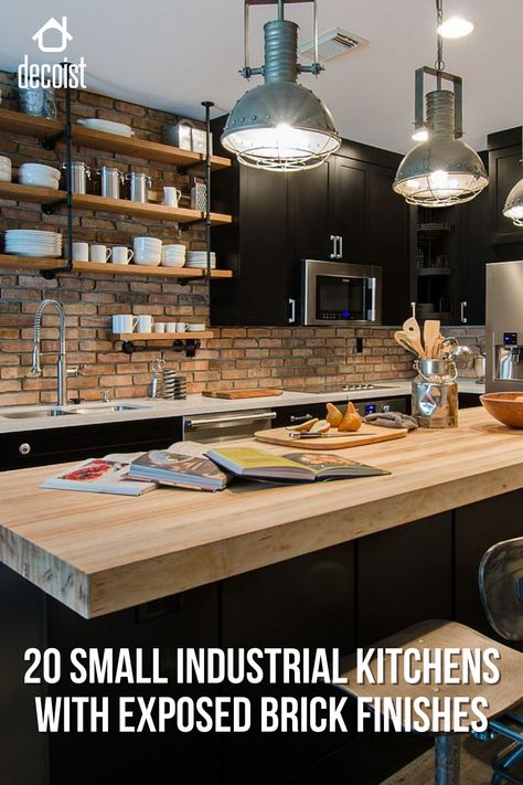 Turning the exposed brick wall in the kitchen into the focal point with smart shelving and the right use of cabinets Kitchen Brick Wall, Brick Wall Kitchen, Modern Industrial Home, Industrial Kitchen Design, Kitchen Styles, Industrial Style Kitchen, Brick Kitchen, Brick Backsplash, Black Kitchen Cabinets