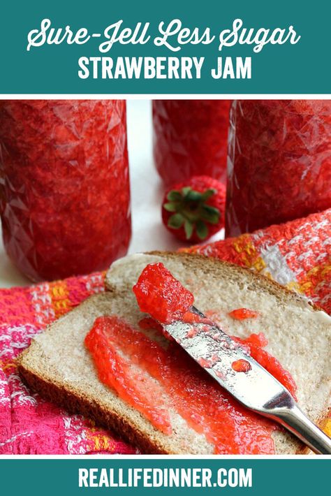 Strawberry Freezer Jam Recipe Sure Jell, Sure Jell Strawberry Freezer Jam Recipe, Sure Jell Strawberry Jam Recipe, Sure Jell Recipe, Low Sugar Strawberry Jam Recipe, Strawberry Jelly Recipes, Rhubarb Freezer Jam, Freezer Jams, Low Sugar Jam Recipes