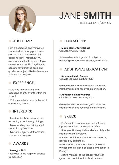 Cv Template Student, High School Resume Template, High School Resume, It Cv, College Resume, Advanced Mathematics, Best Resume Format, Resume Layout, Student Resume Template