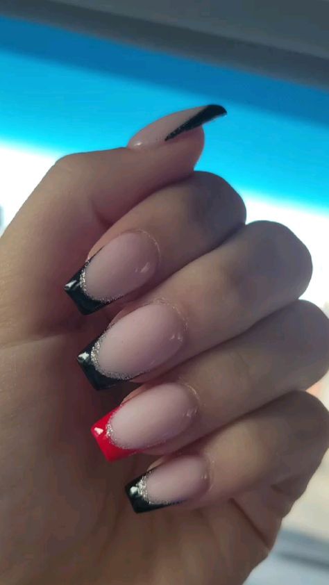 Black And Red Prom Nails Simple, Acrylic Nails Red And Black French Tips, Red And Black Homecoming Nails, Dark Red Nails With Black French Tips, Black French Tip Red Gems, Black And Red French Tip, Black French Tip With Red Under, Black And Red French Tip Nails, Black French Tips