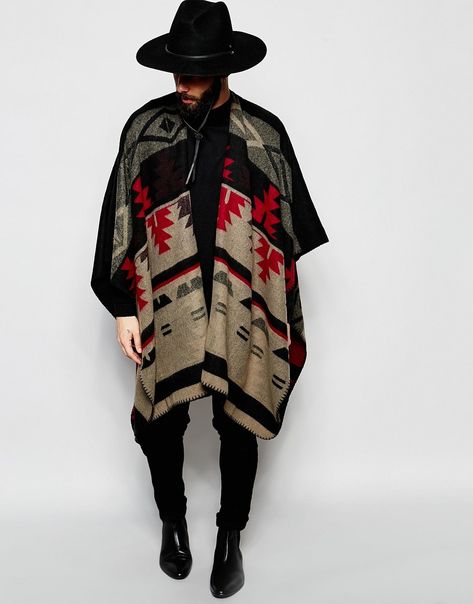 Image 1 of ASOS Cape In Geo-Tribal Design In Monochrome Manama, Aztec Designs, Men Street, Black Hat, Fashion Mode, Men Looks, Mens Street Style, Urban Fashion, Style Me