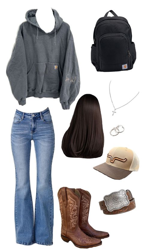 Fits For 60 Degree Weather, Cozy Country Outfit, Dark Western Outfits Women, Outfits With Wrangler Jeans, Matching Country Outfits, Outfits With Cowboy Boots And Jeans, White Boot Outfit Ideas, Cowgirl Outfits For School, Dark Western Aesthetic Outfits