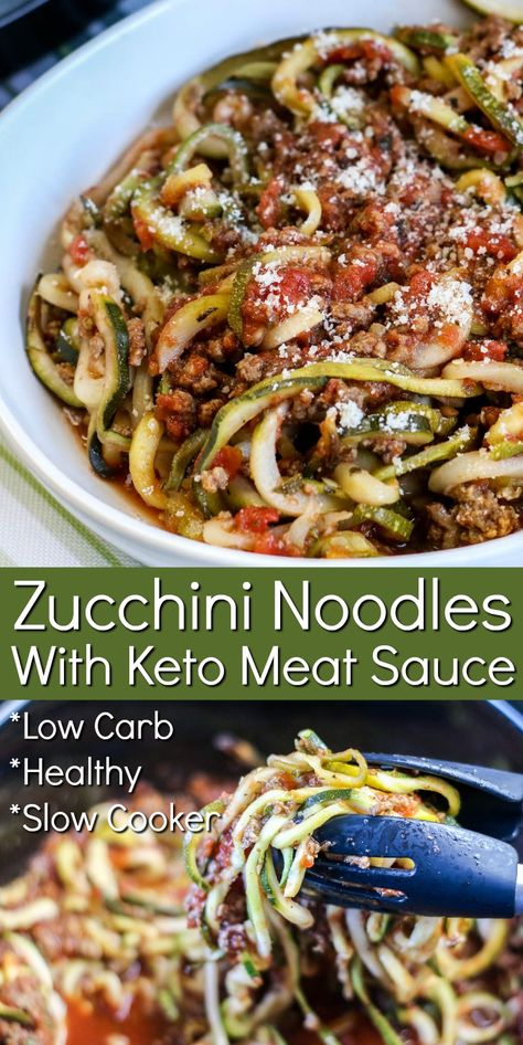 Zucchini Noodles With Keto Meat Sauce - Slow cooker spaghetti zoodles recipe that's hearty and low carb! They taste just like the real thing.  #keto #ketodiet #Ketorecipes #zoodlesandmeatsauce #zucchininoodles #Ketomeatsauce #dinnerideas #slowcookerdinner #food #recipes Keto Meat Sauce, Keto Zoodles Recipes, Zucchini Noodle Spaghetti, Zucchini Zoodles Recipes, Keto Zoodle Recipes, Zoodle Recipes Crockpot, Spaghetti With Zucchini Noodles, Keto Zoodle Recipes Low Carb, Zoodle Meal Prep