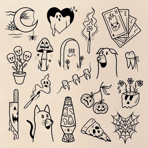 Halloween Tarot Cards Tattoo, Quirky Flash Tattoo, Spooky Line Tattoo, Funny Flash Art Tattoos, Tiny Halloween Tattoo Flash, Halloween Cute Tattoo Ideas, Outline Halloween Tattoo, Halloween Doodle Tattoo, Halloween Tattoo Aesthetic